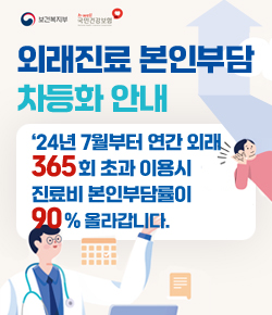 (보건복지부, 국민건강보험) 외래진료 본인부담금 차등화 안내 - '24년 7월부터 연간 외래 365회 초과 이용시 진료비 본인부담률이 90% 올라갑니다.